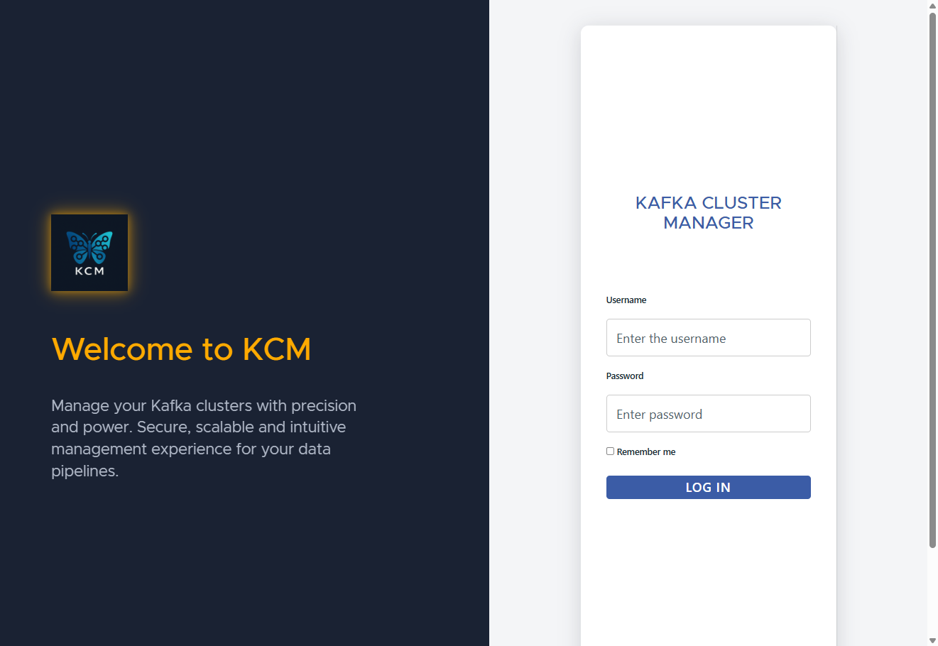 KCM login page requesting email and password for administrator access