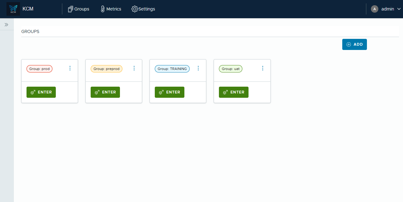 KCM groups page listing existing environments