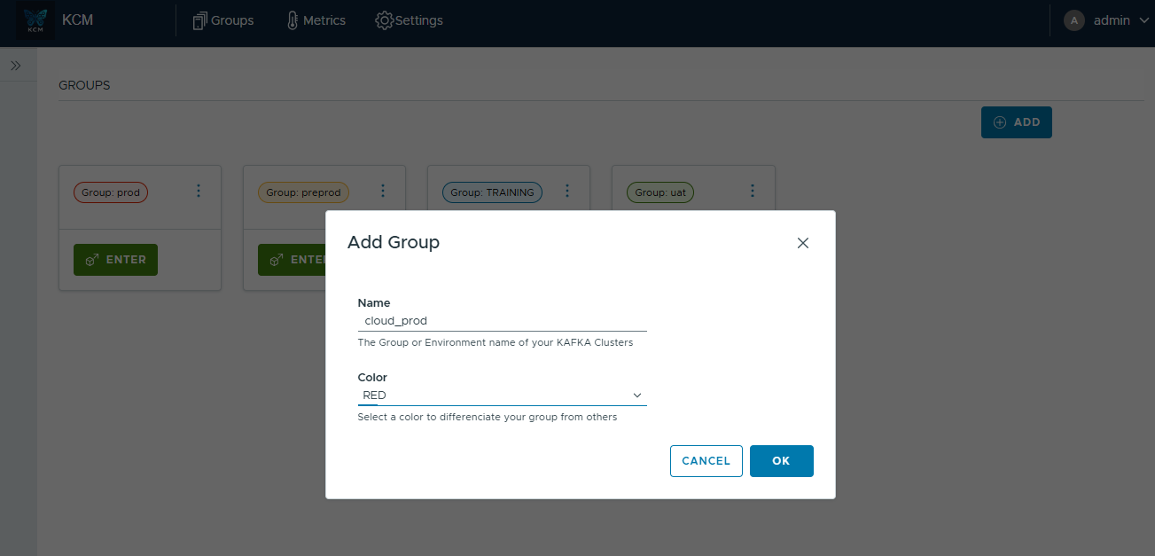 Modal for creating a new KCM group with name and color