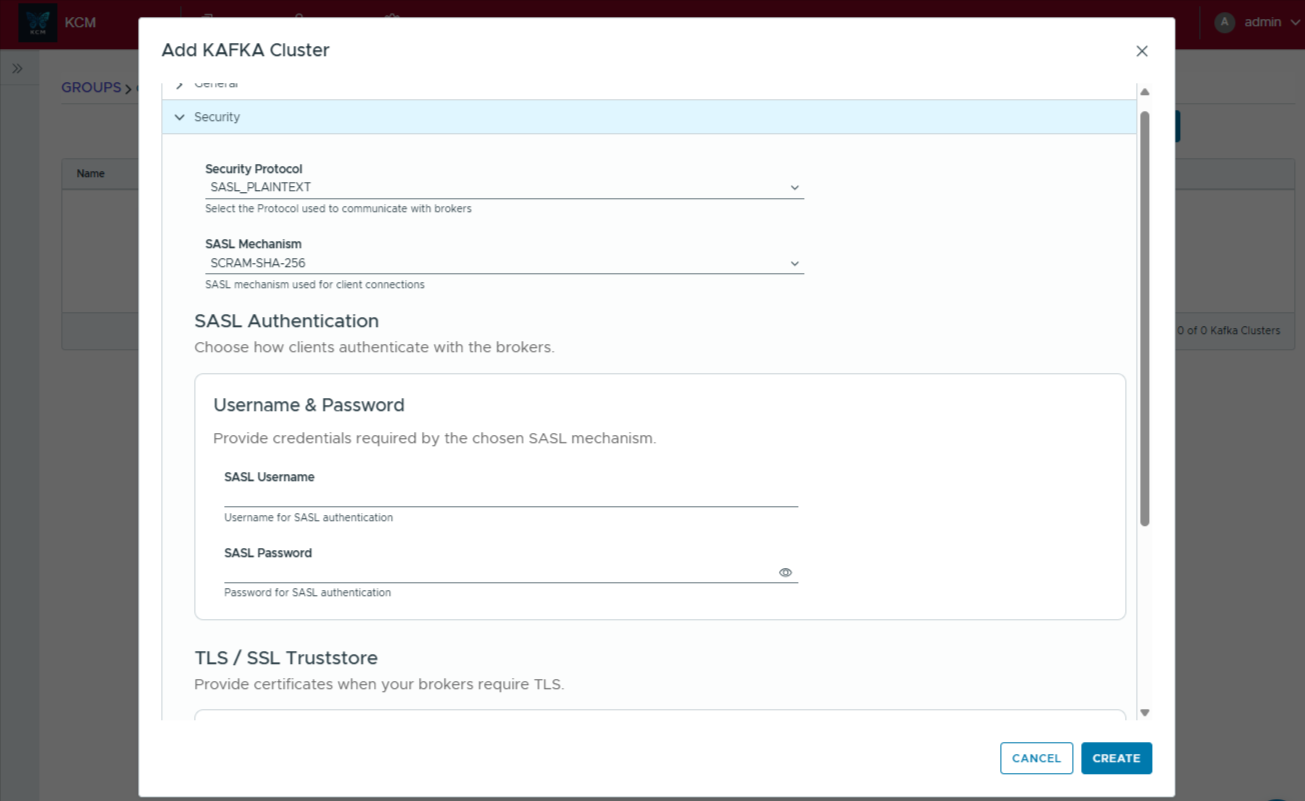 Security tab of the Add Kafka Cluster dialog highlighting protocol, SASL mechanism, and credential inputs