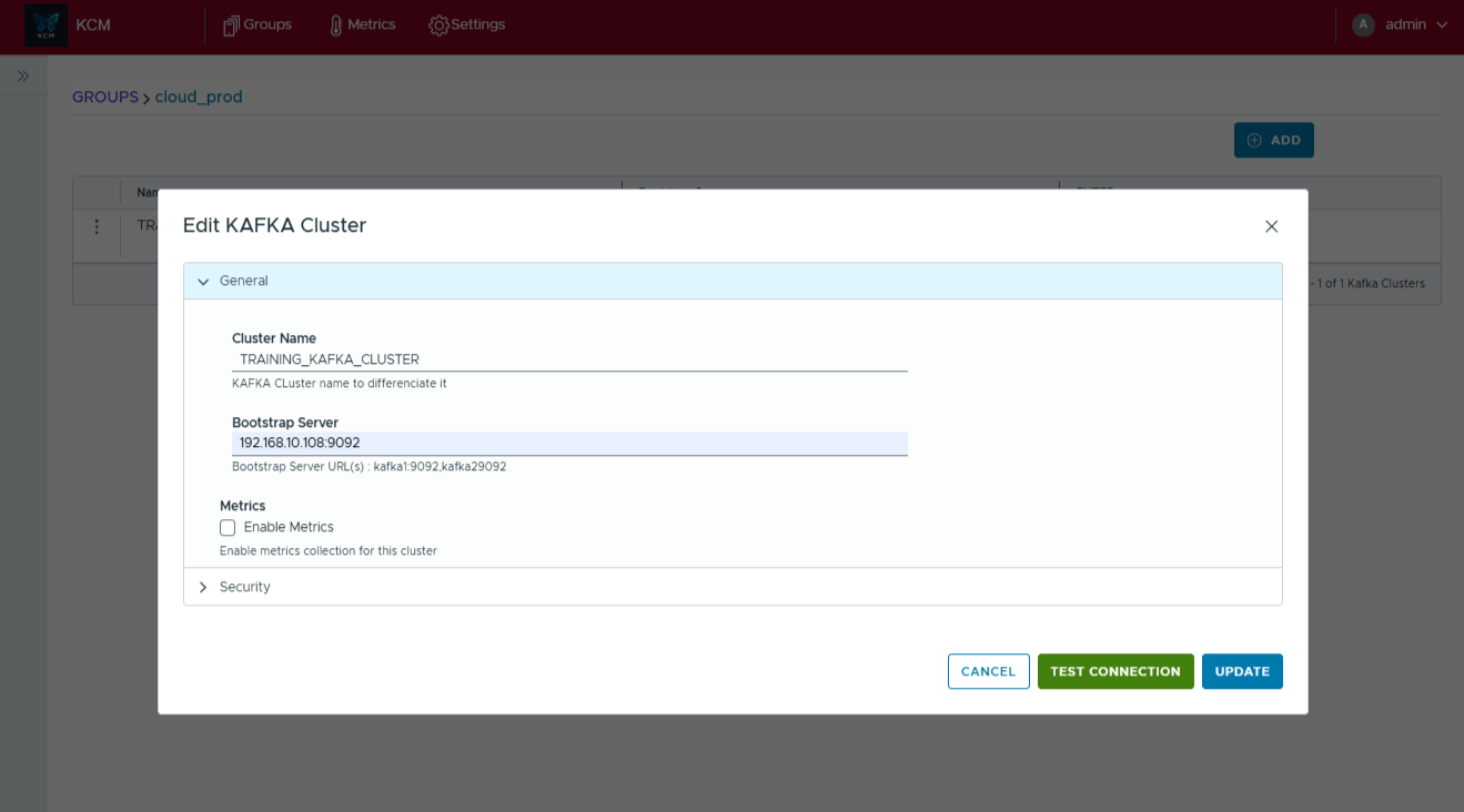 Edit Kafka Cluster dialog with Test Connection button available