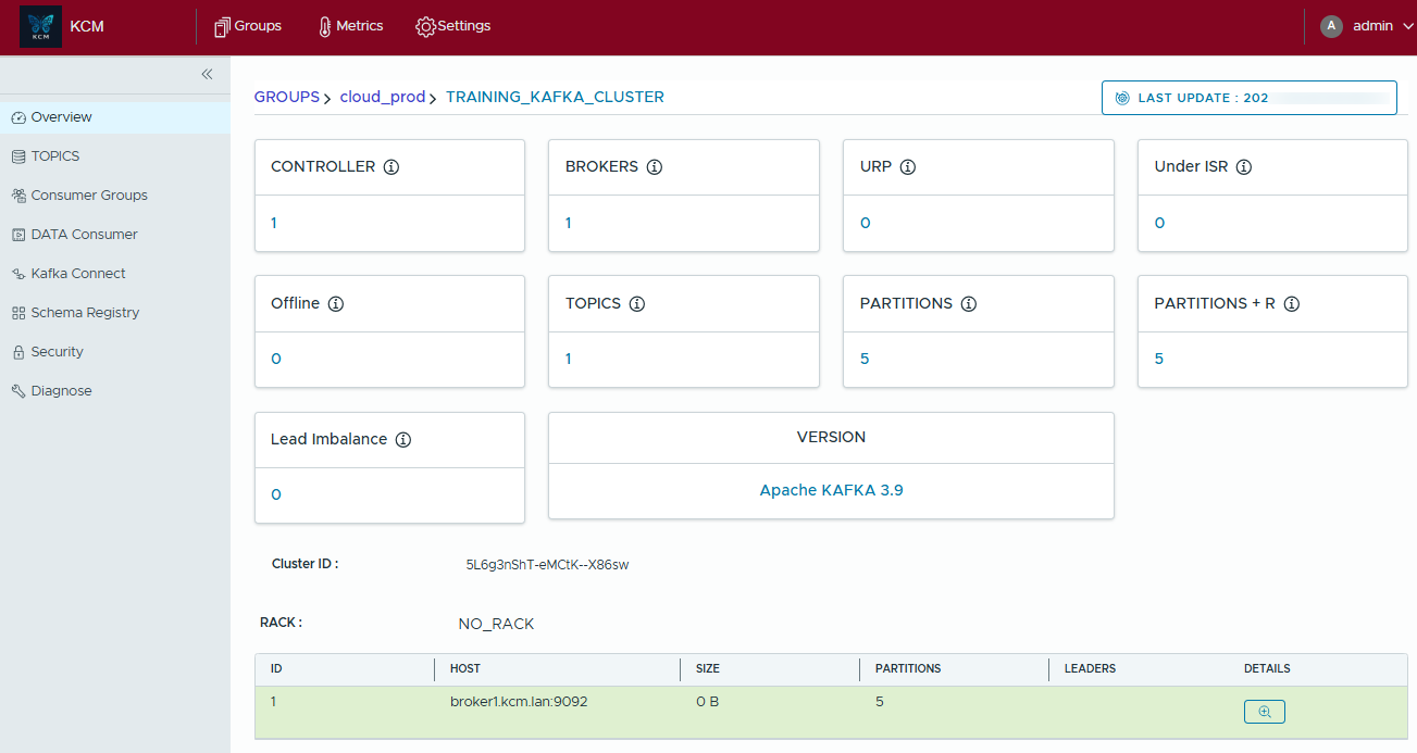KCM overview dashboard showing broker health cards, Kafka version, and broker list