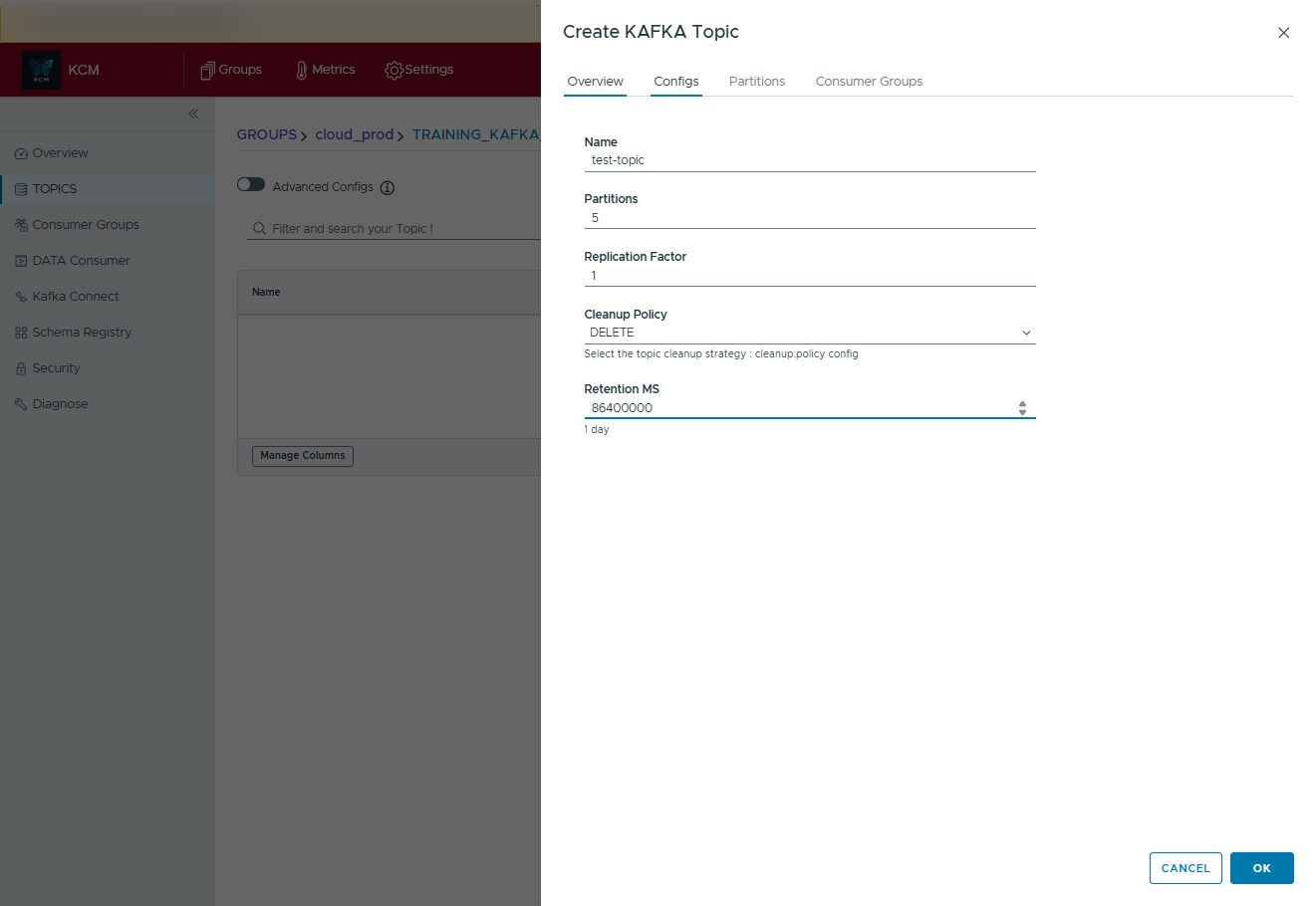 Create Kafka Topic modal showing name, partitions, replication factor, and retention.