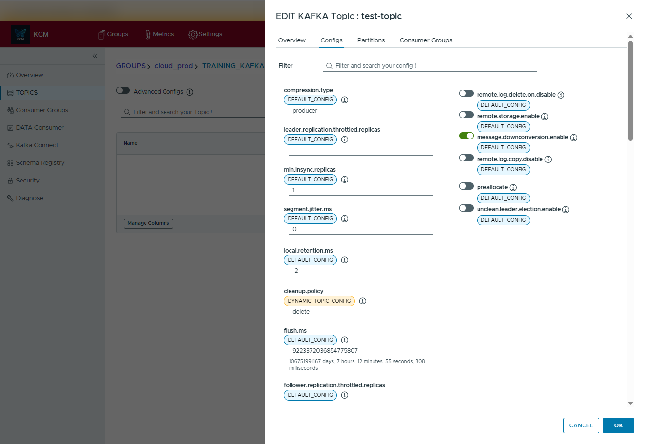 Topic configuration screen listing advanced per-topic settings with toggles.