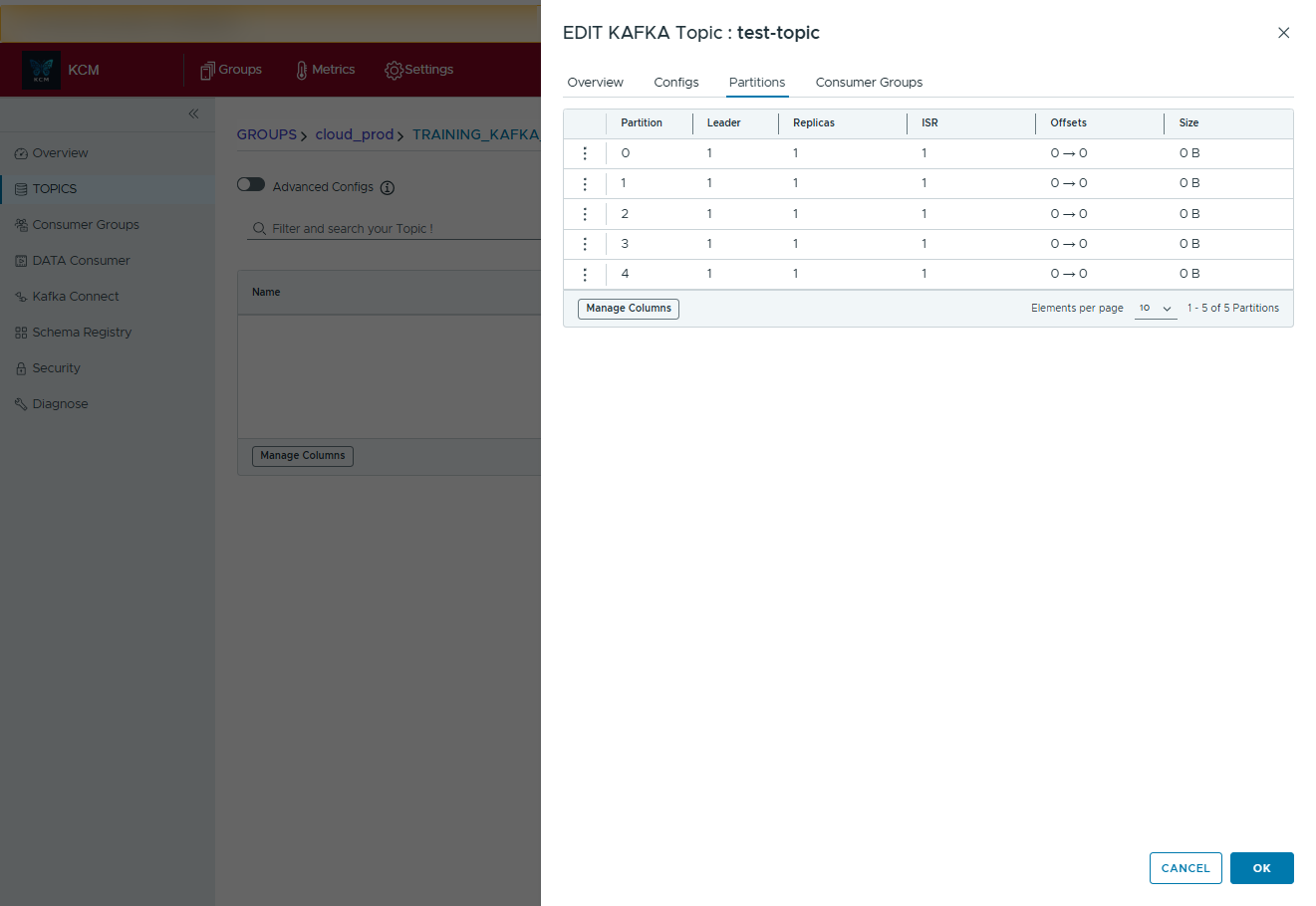Topic partitions tab showing leaders, replicas, ISR counts, and reassignment controls.