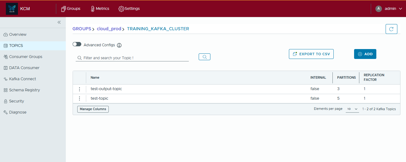 KCM topics list with simple columns showing name, partitions, and replication