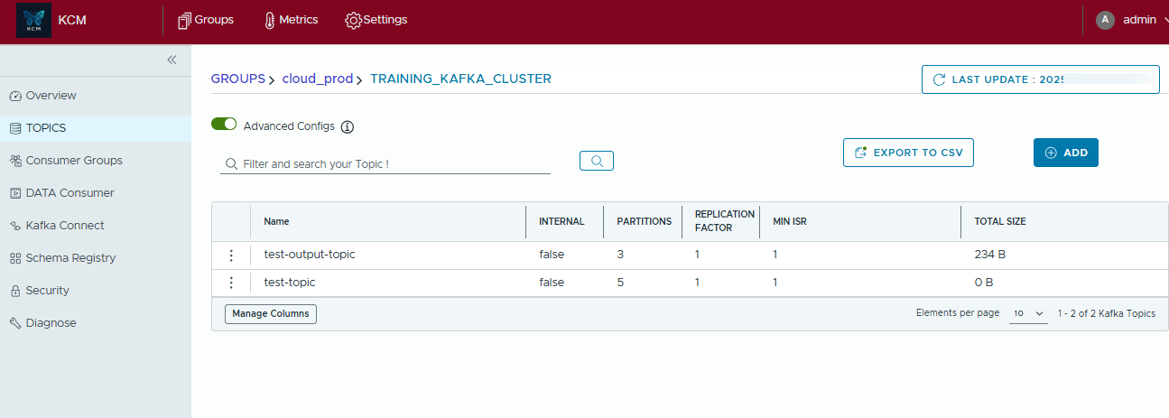 KCM topics list with advanced columns enabled including min ISR and total size