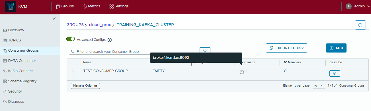 Consumer Groups list with Advanced Configs enabled, showing coordinator tooltip