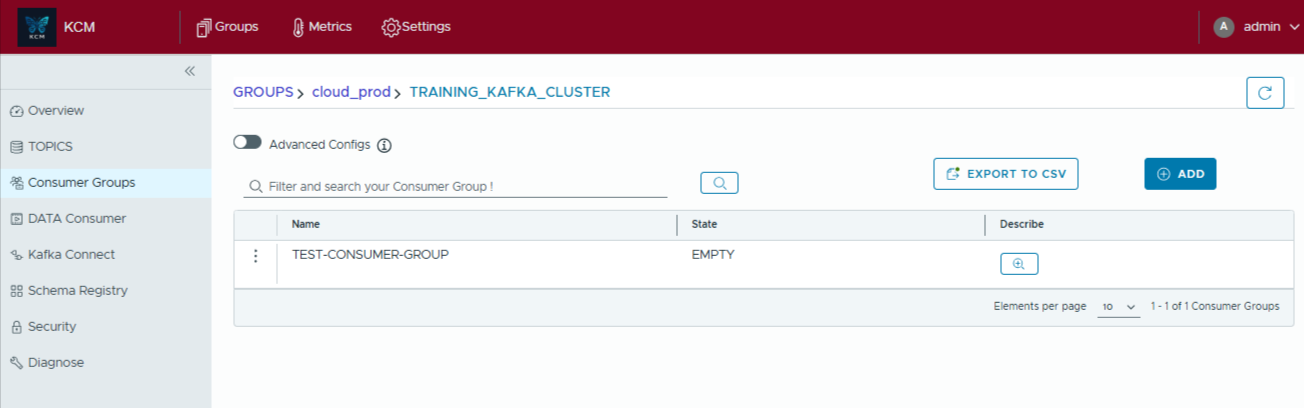 Consumer Groups list showing group name and state