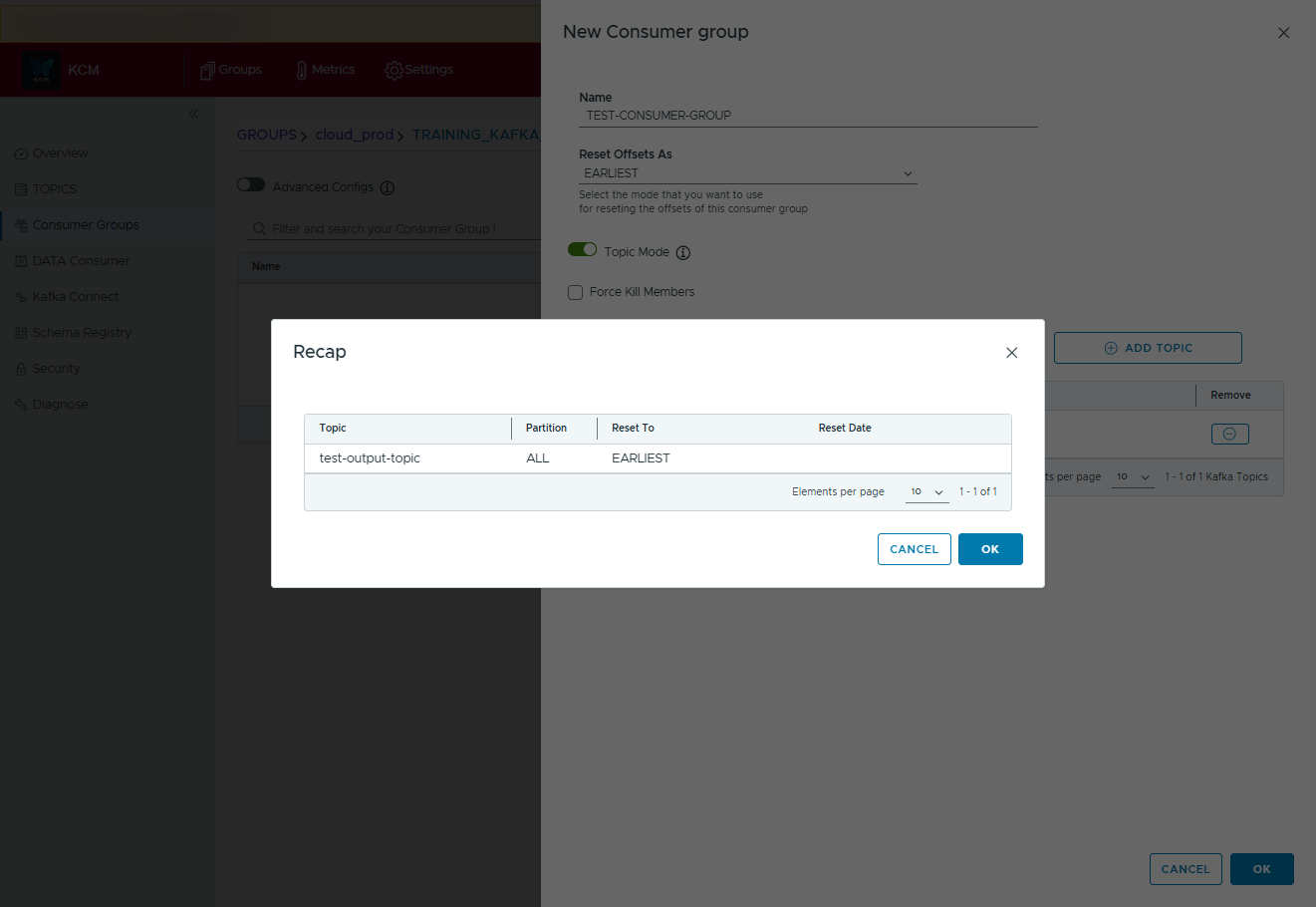 Recap dialog summarizing topic, partitions, and offset reset choice before creating the group