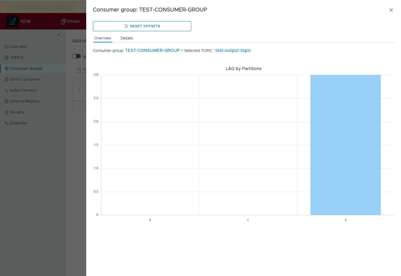 Consumer group overview filtered to a topic, displaying lag per partition