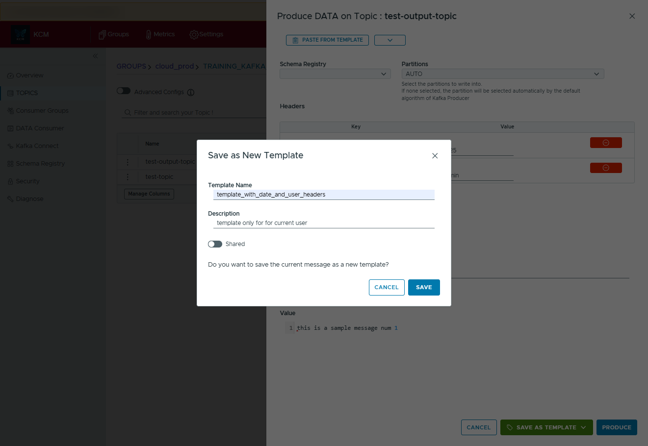 Save as template dialog prompting for name, description, and sharing toggle