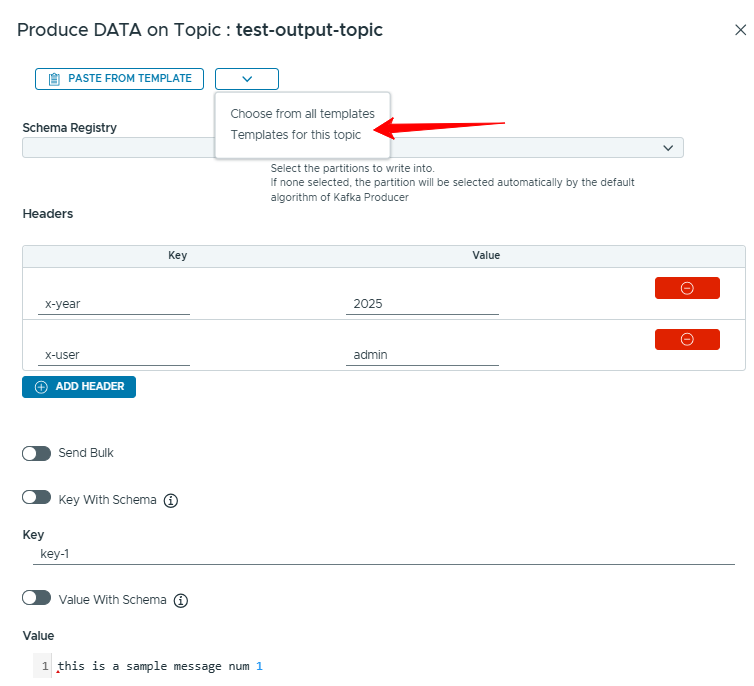 Produce dialog showing template dropdown with options for all templates or this topic