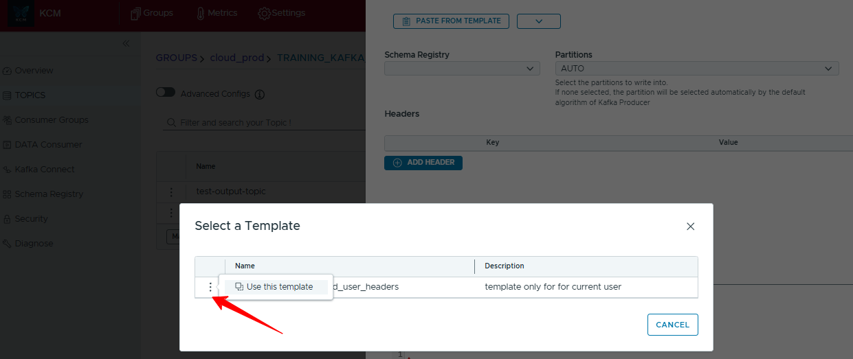 Template selection modal highlighting the Use this template action