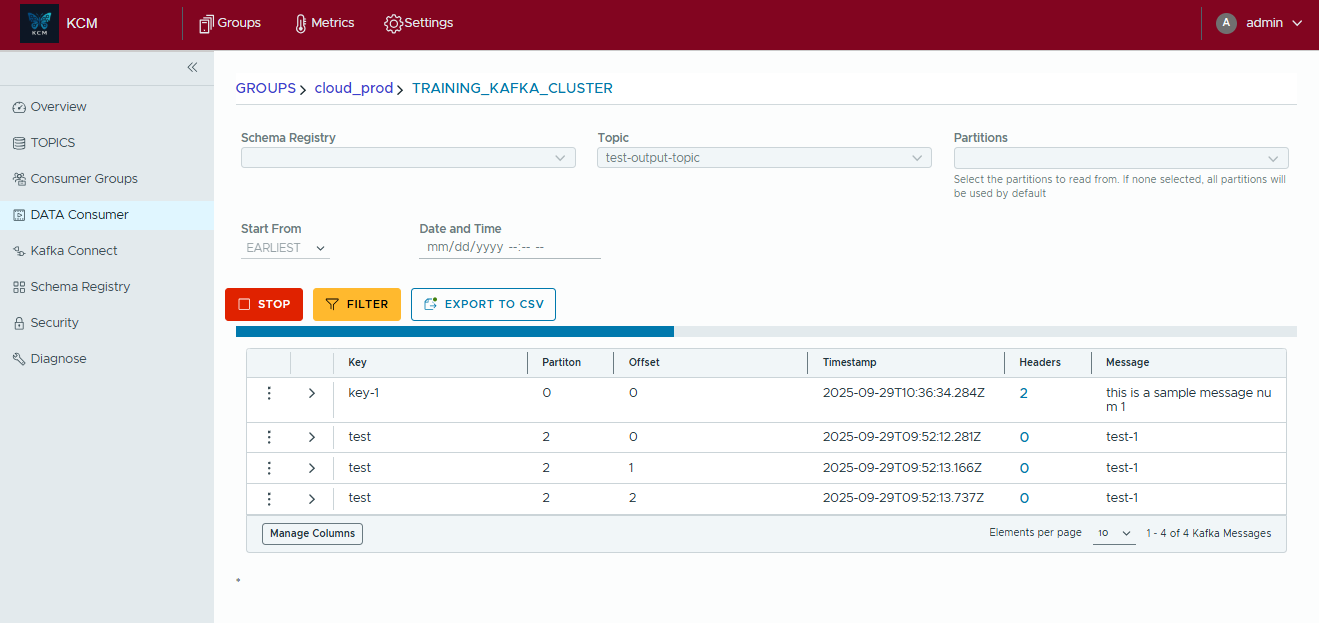 Data Consumer table listing live Kafka messages with Start, Stop, and Export buttons