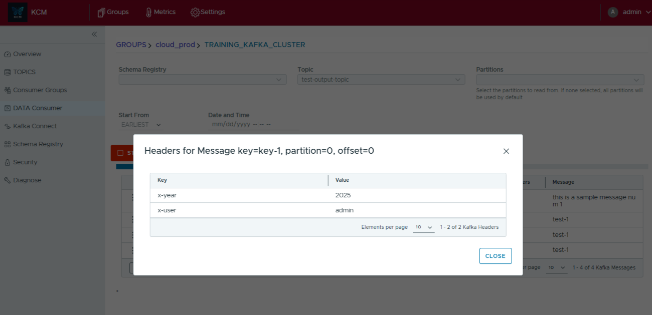 Modal displaying headers for the selected Kafka message